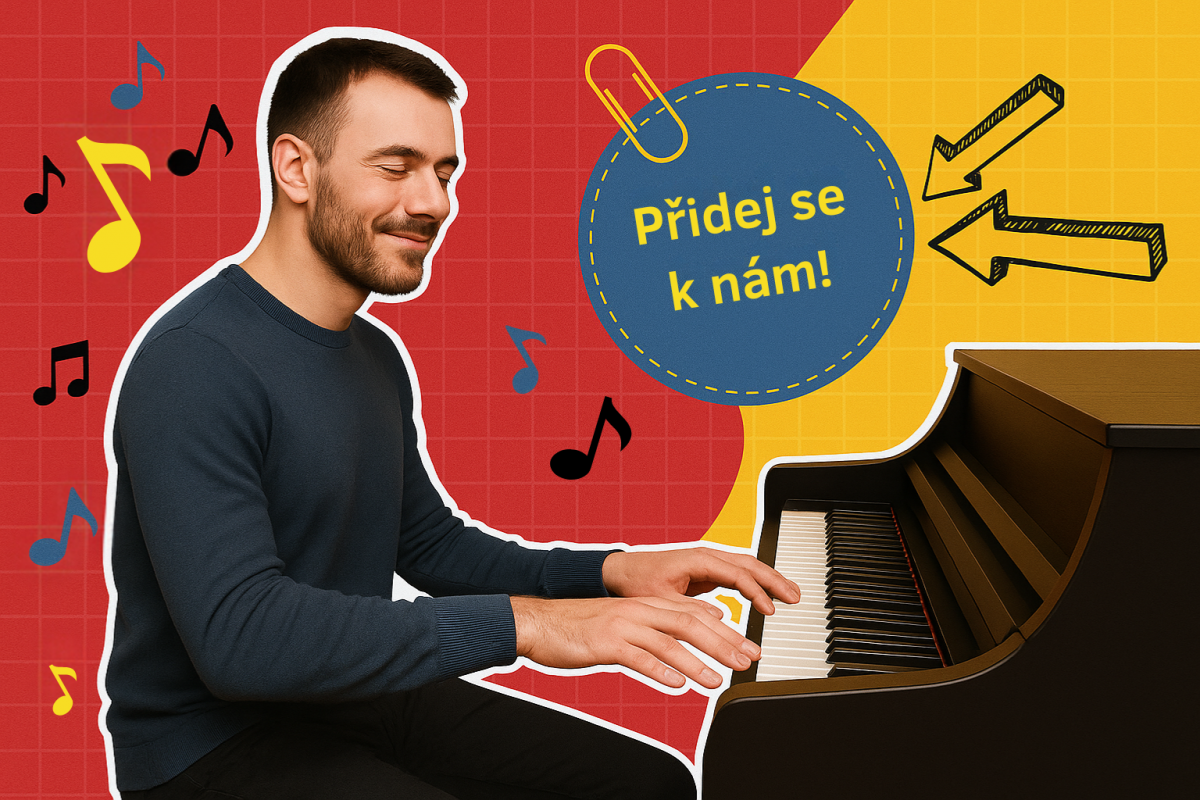 Hustá hudební škola - grafika muže hrajícího na piano